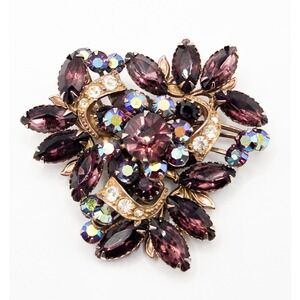 Vintage Purple Rhinestone Aurora Borealis Tiered Floral Brooch Gold Tone Pin